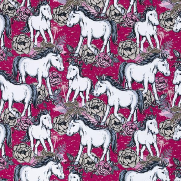 French Terry Free Horses by Steinbeck Pferde auf Pink mit Rosen
